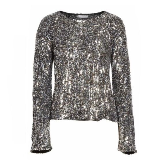 Equipment Abeline Sequin Long Sleeve Top silver black size medium - Picture 5 of 5